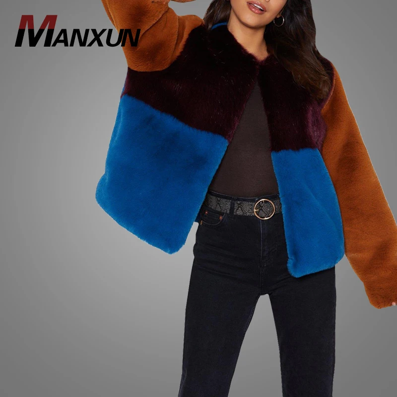 High Quality Coat Hanger Soft Patch Faux Fur Coat Winter Women Jackets Contrast Colors Outwear