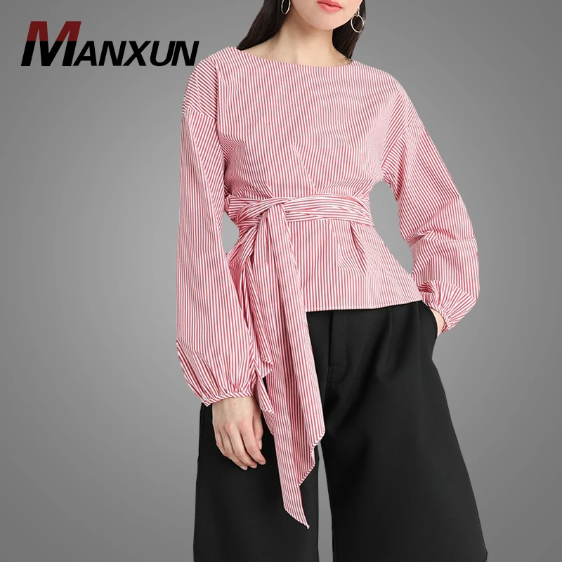 Newest Design Cheap High Quality Women Long Sleeve Cotton T Shirt Blouse Custom Stripe Chiffon Shirts Blouses