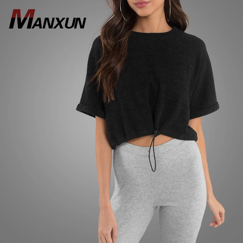 Wholesale Custom Design Plain Women Short Sleeve Blouse Hot Popular Adjust Waist Sweatshirt Crew Neck Tops