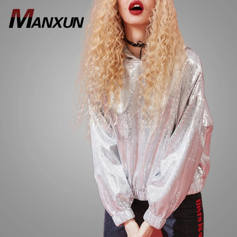 Latest Design Silver Sequin Personality Streetwear Womens Oversized Hoodies Sweatshirts 2019