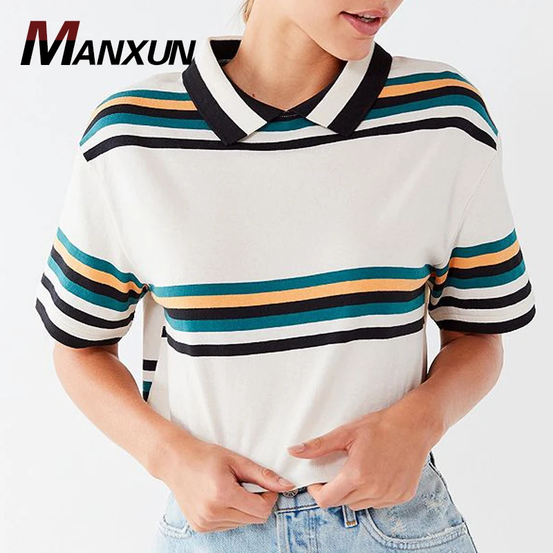 Wholesale New Model Women Short Sleeve Slim Fit Polo Shirts Custom High Quality 100% Cotton Striped Polo t shirt With Logo