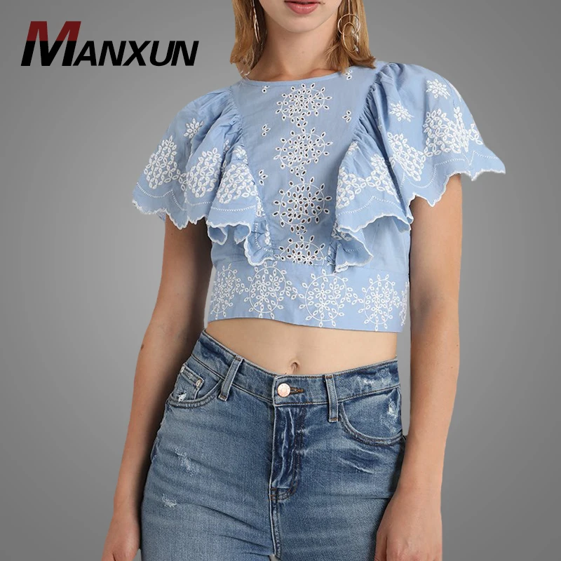 New Listing Fashion Crew Neck Light Blue Ruffle Blouses Fitted 100% Cotton Floral Pattern Blouse And Tops For Women