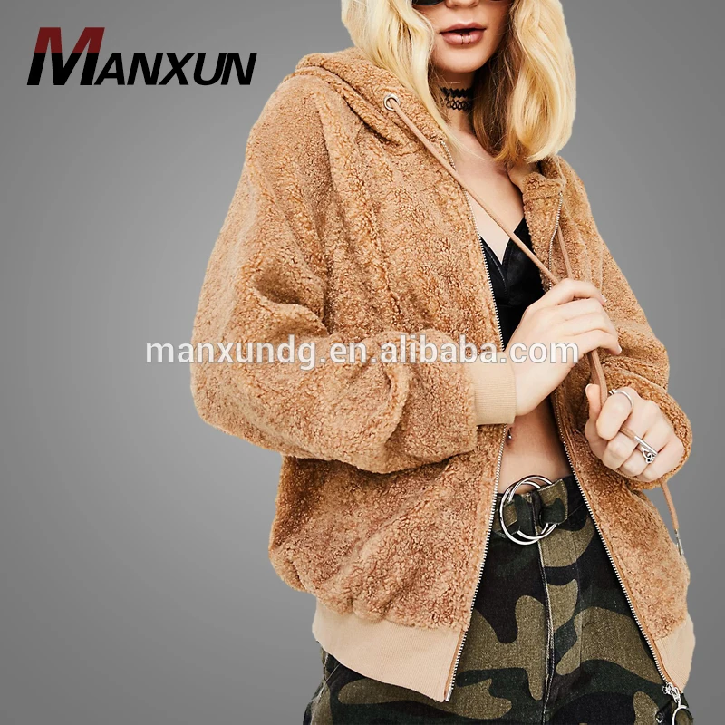 High Quality Drawstring Zip Up Teddy Hoodie Ladies Sherpa Fleece Cardigan Hoodie Jacket For Women
