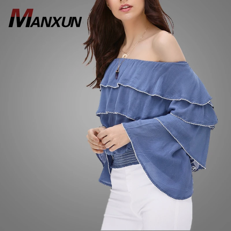 Hot Sale Multi-Tiered Layered Off-Shoulder Top Blouse Blue Cuff Ruffle Ladies Blouse 2018