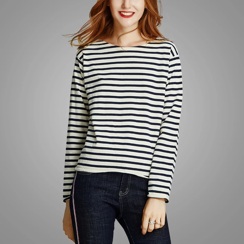 China O-neck Black and White Striped Womens T-shirt Long Sleeve Slim Fit Cotton T-shirt Women 2018