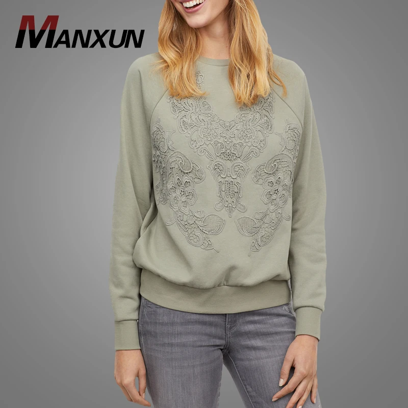 Latest Fashion Women Custom Logo Blank Drop Shoulder Hoodies Sweatshirts Stylish Lace Stitching Sweatshirt Tops