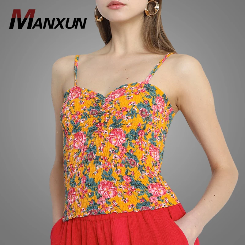 Custom Women Sleeveless Floral Printed Blouses Sexy Spaghetti Strap Crop Tops For Girls