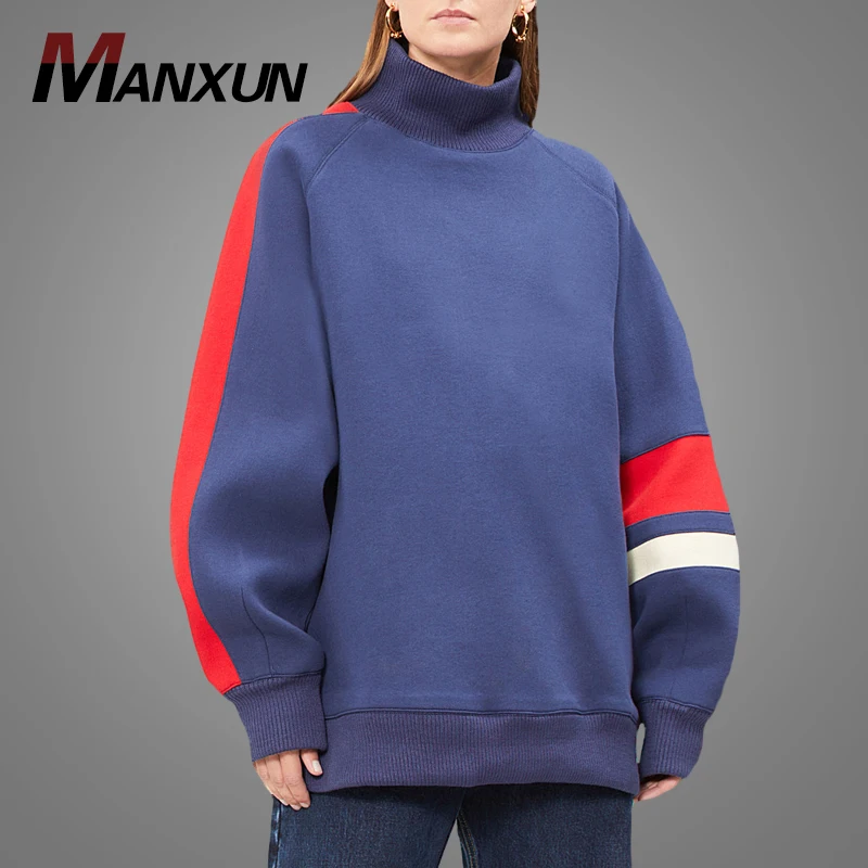 Hot Selling Fashionable Women Custom Striped Sleeve Drop Shoulder Pullover Hoodies Wholesale High Neck Sports Hoody  Sweatshirt