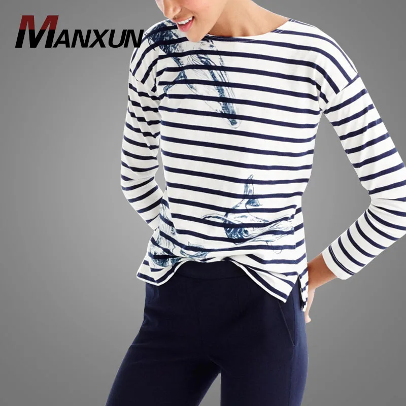 2018 Ladies Fashion Striped Tshirts Custom Logo Printed Tshirt Women Long Sleeves T shirt