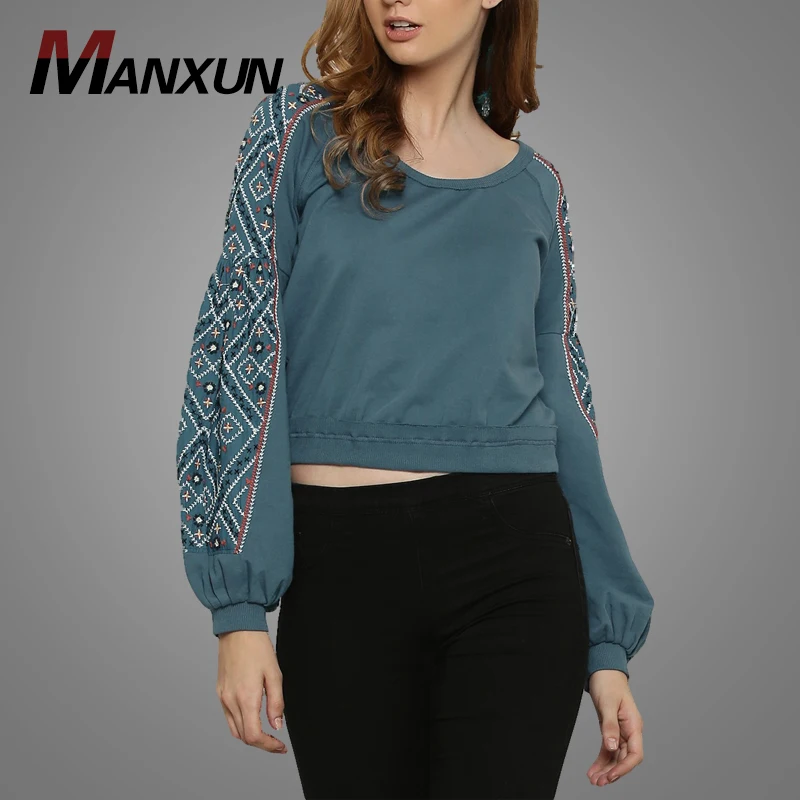 Fashion Floral Embroidered Blouse Balloon Long Sleeve Girls Blouse Crop Tops