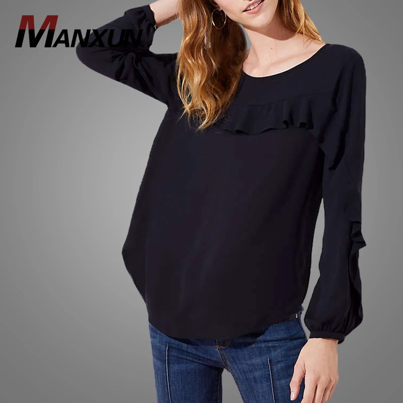 Wholesale Fashion Plus Size Long Sleeve Plain Dyed Blouse And Tops New Model Ruffle  Blouse For Women