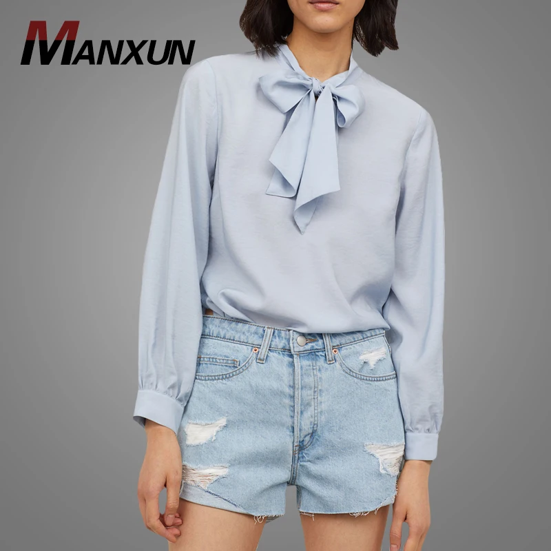 2019 Autumn Fashion Light Blue Long Sleeve Shirt Blouse Slim Fit Tie Front Chiffon Office Wear Blouse Tops For Women