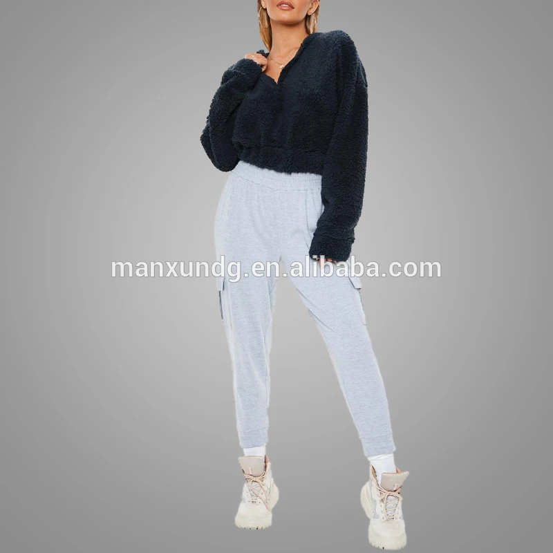 High Quality Navy Teddy Fuax Fur V Neck Cropped Women Winter Sweatshirt Hoodies Tops 5