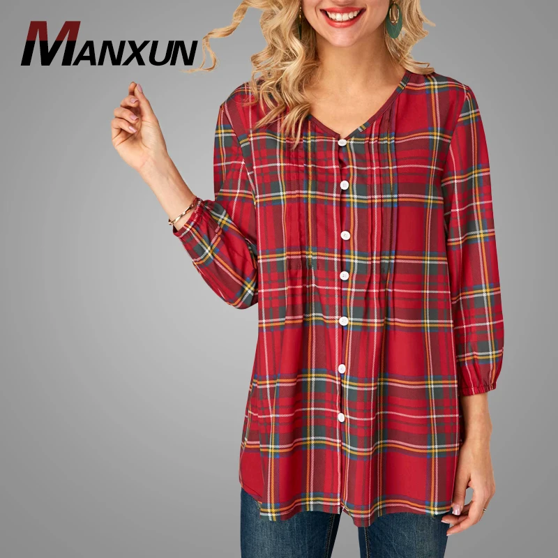 OEM Wholesale Plaid Print Blouson Sleeve Button Closure Blouse V Neck Long Sleeve Women Blouse Hot Sell
