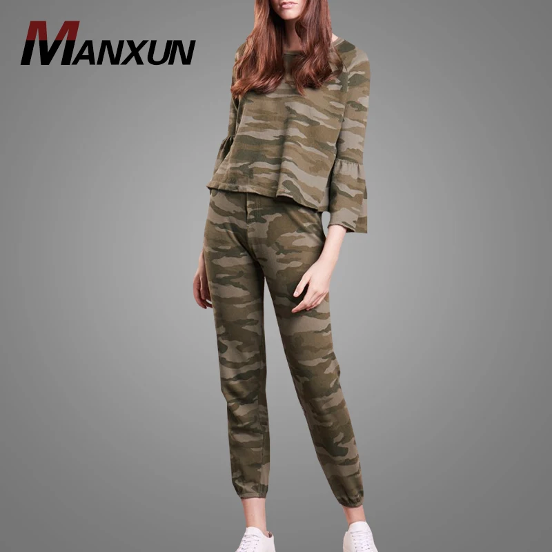 China Supplier Latest Design Women Flare Sleeve Camo Tops High Quality Gym Sportswear Fitted  Camo Tracksuits