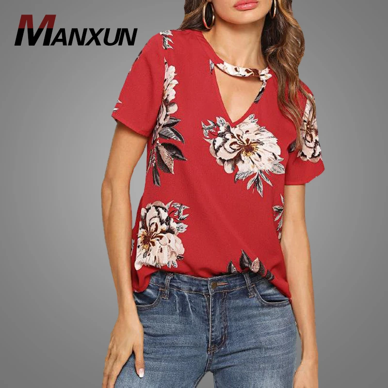 2018 Fashion Clothing Good Quality Short Sleeve Floral Print Blouses And Tops For Women