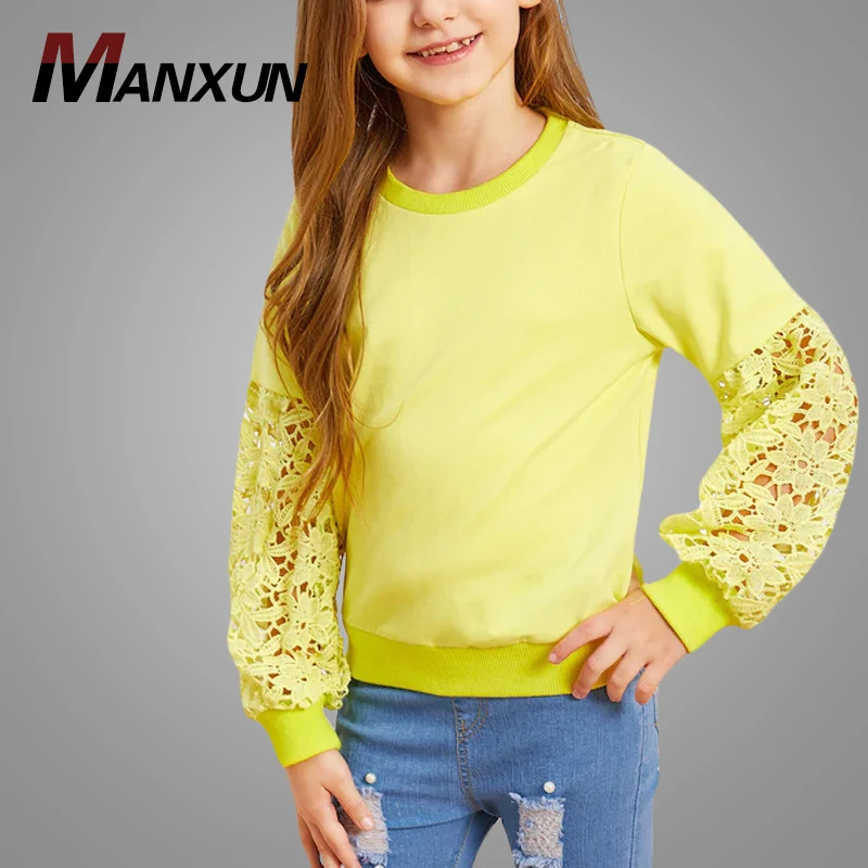 OEM Wholesale Girls Lace Sleeve Sweatshirt Custom Autumn Girl Sweatshirts  Pullover Sweatshirt