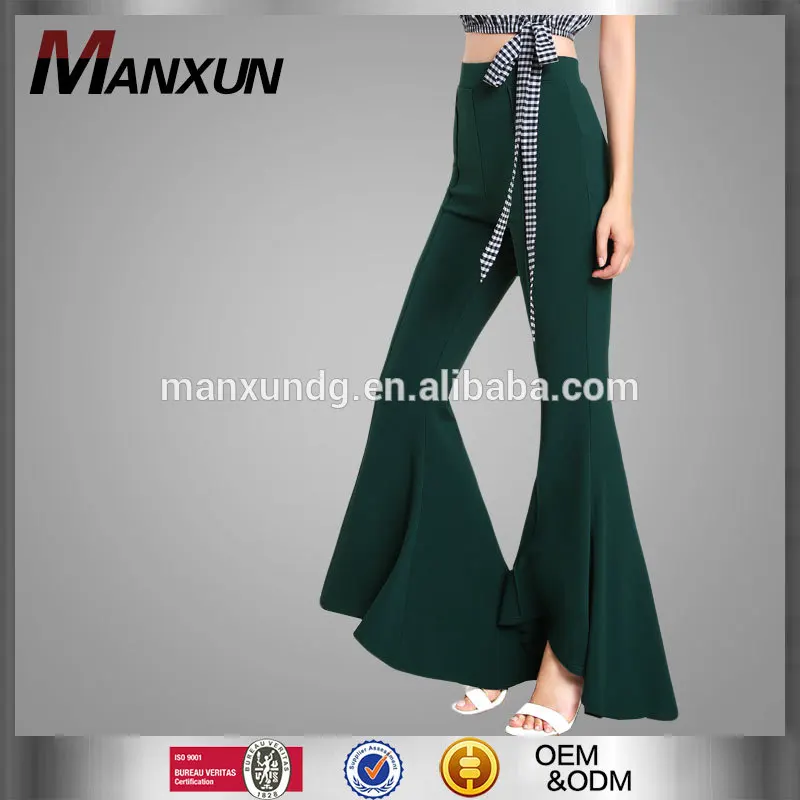 2017 Summer Elegant Casual Slim Pants Super Spandex Ladies High Waist Flared Pants Army Green Colors Horn Trumpet Trousers