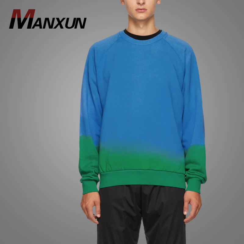 Wholesale Cheap French Terry Sweater Tie Dye Blue And Green Rib Knit Crewneck Pullover Sweatshirt