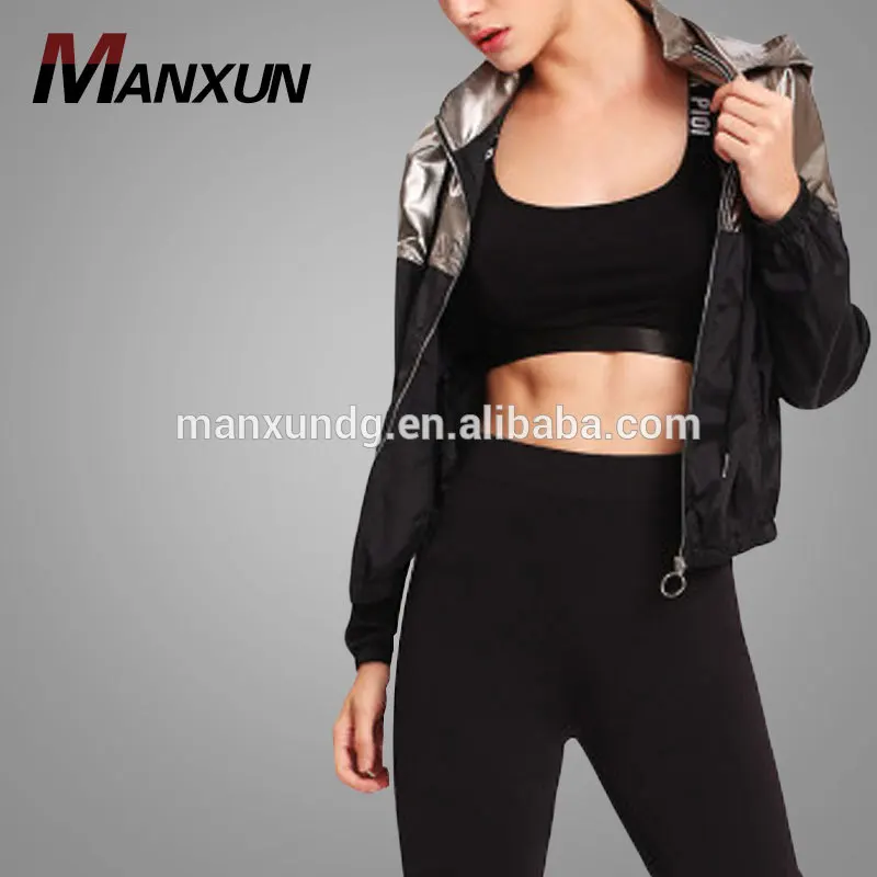 Two Tone Metallic Women Hoodie Jacket 2018 Zipper Front Women Coat Jacket