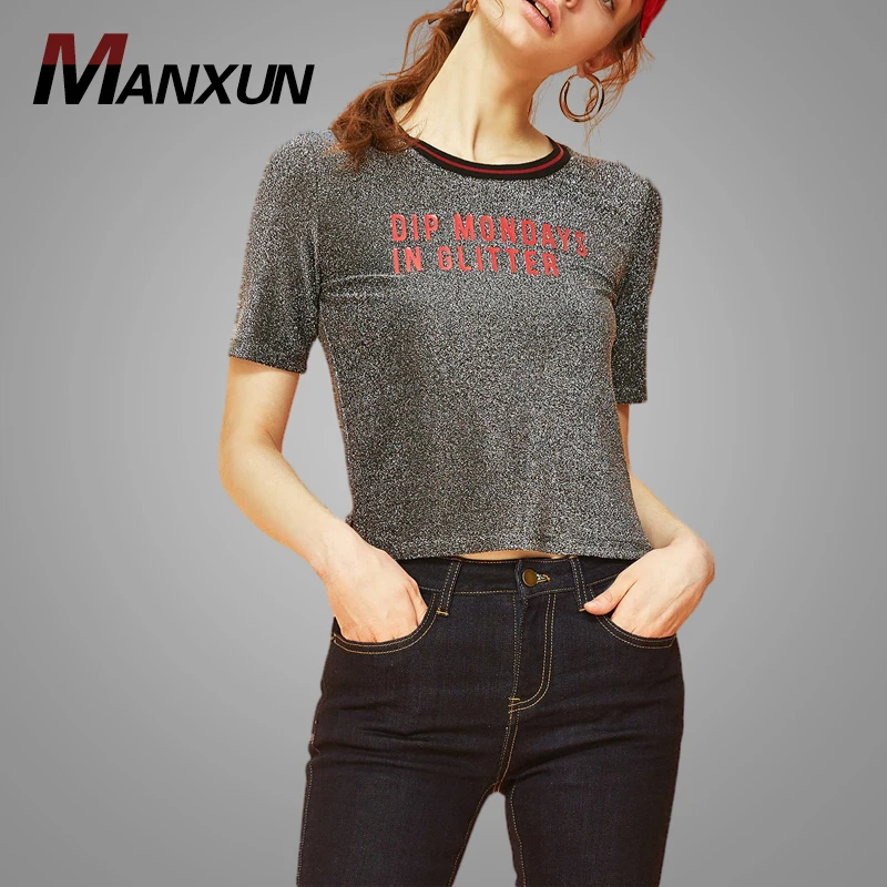 Fashion Letters Printing Side Slit Design Women T-shirt Reflective Fabric Slim Fit Crop T-shirt for Ladies Girls