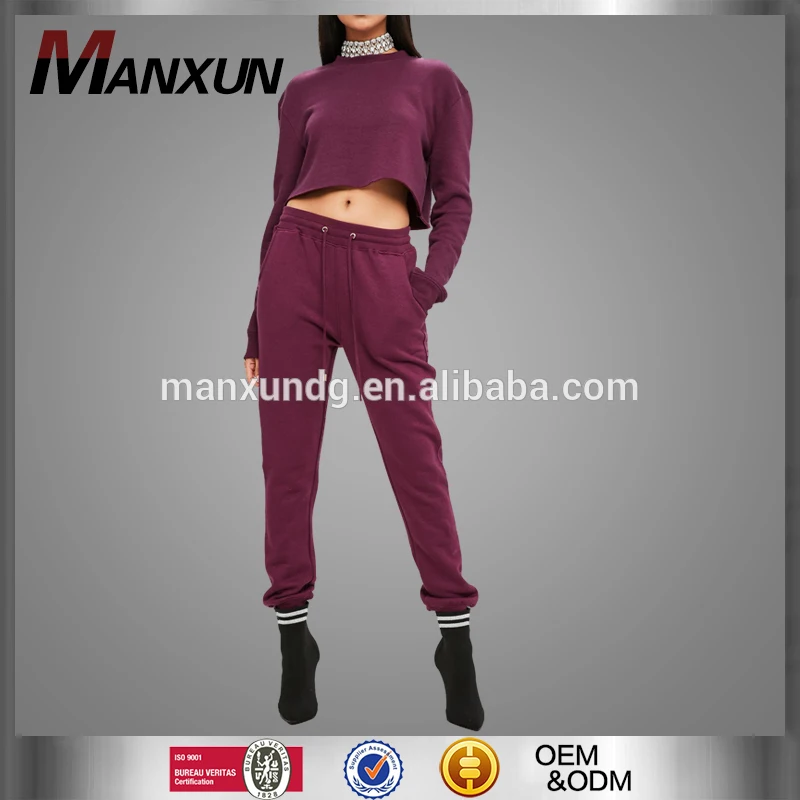 Custom Purple Cropped Fleece Sweatshirt Tracksuit Two Pieces Sport Wear For Women 2017