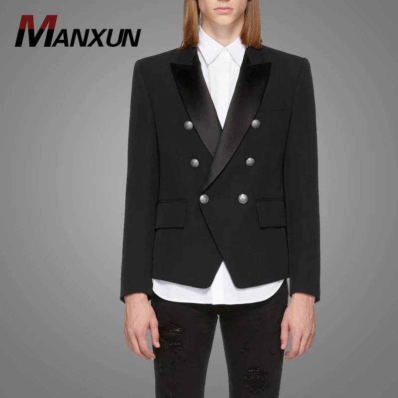 Latest Men Blazer Design Slim Fit Black Satin Double Breasted Blazer Jacket 2018
