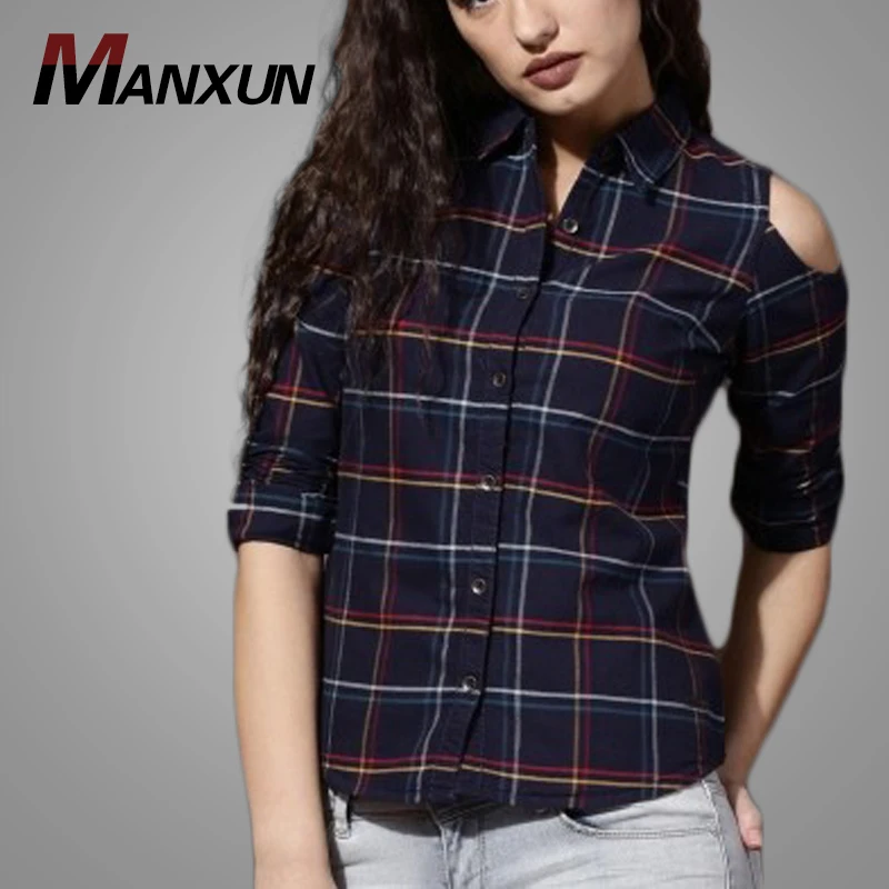 2018 Fashion Girls Casual Navy Flannel Striped Shirt Sexy Off Shoulder Long Sleeve Women Tops