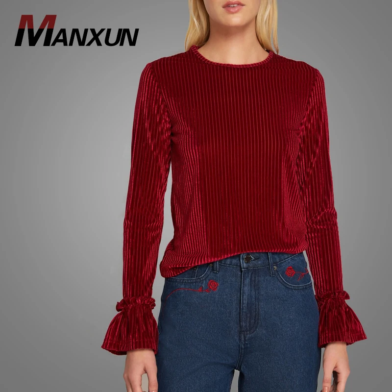 China Hotsale Women Velvet Fabric Blouse Beautiful Falbaba Cuff Design Sweatshirt Casual Round Collar Streetwear Online