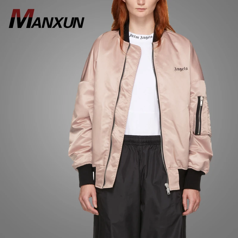 Wholesale Satin Bomber Pink Women Jacket Streetwear Bomber Girls Sport Jacket 2018
