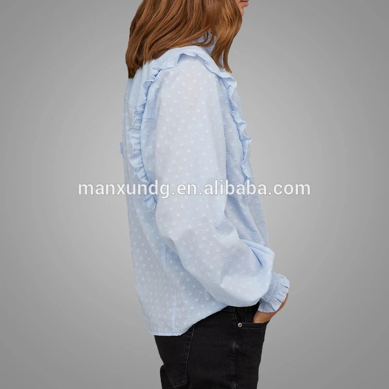 Fashion Custom Made High Collar Light Blue Blouse Elegant Full Sleeve Ruffle Cotton Blouse Shirts For Office Wear 5