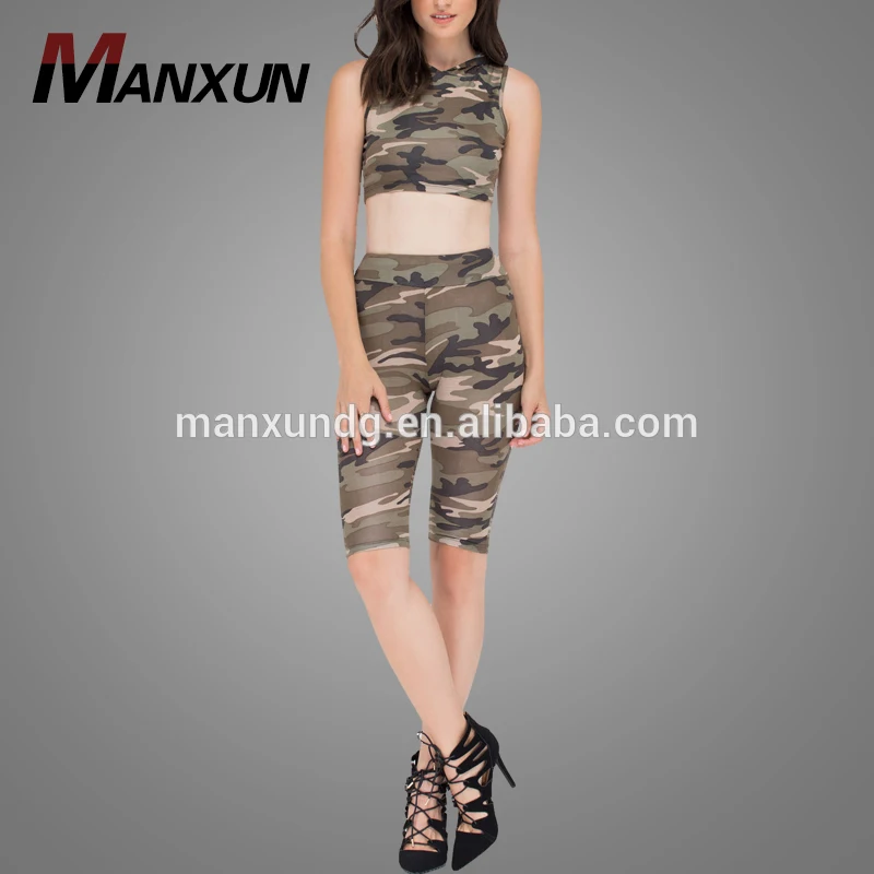 2018 Two Pieces Sleeveless Camouflage Army Green Hoodies And Pants Activewear Wholesale Women Sportswear Leggings Sportswear