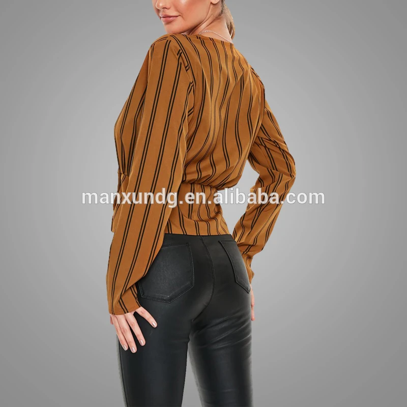 Top Design Black Stripe Wrap Deep V Neck Button Blouse Brown Casual Women Blouse Tops 2019 3