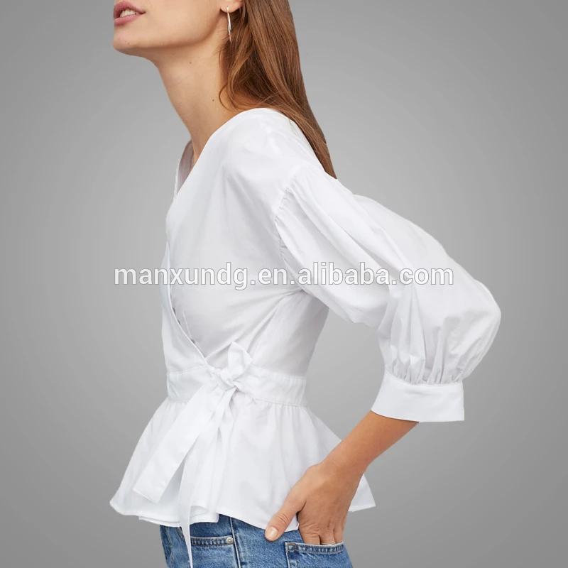 2019 Autumn Fashion Clothing Lantern Sleeve Shirt Blouse Elegant White Wrap V Neck Blouse Tops Wholesale 5