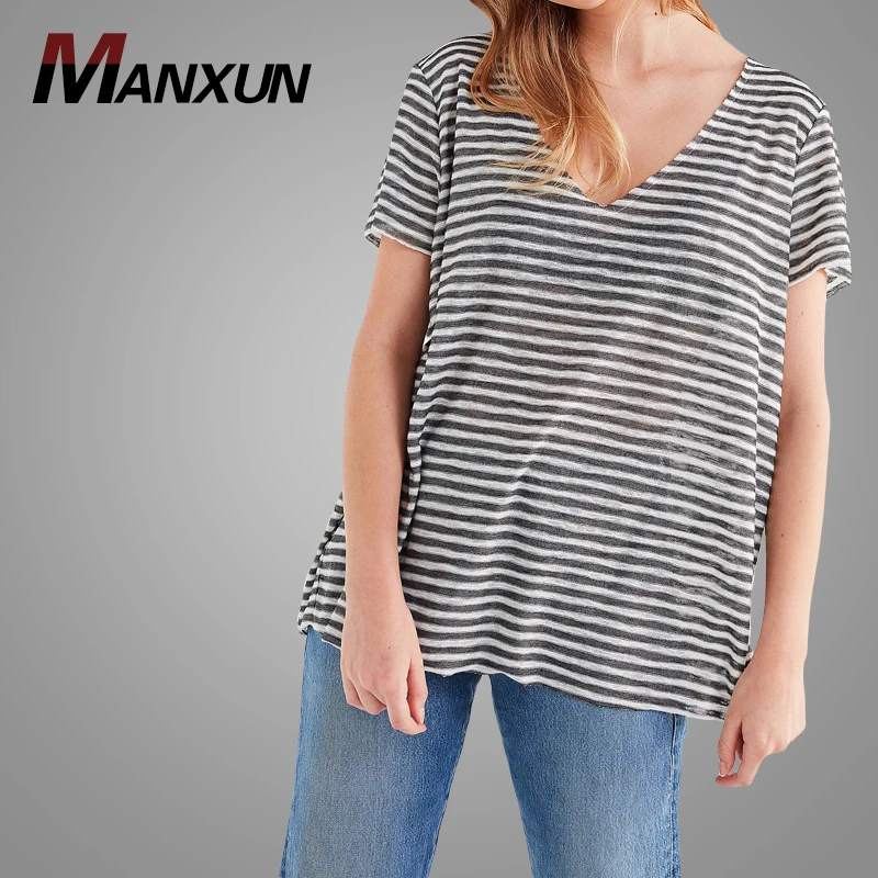 Latest Design Women Textured-Knit V-Neck Tshirt Hot Sell Summer Striped Tshirts Wholesale Women Top