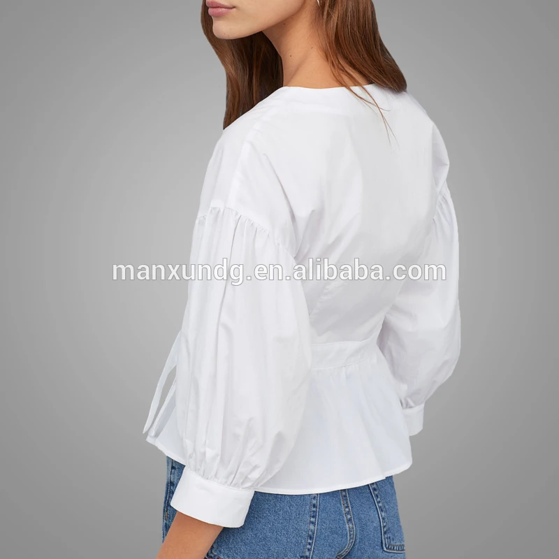 2019 Autumn Fashion Clothing Lantern Sleeve Shirt Blouse Elegant White Wrap V Neck Blouse Tops Wholesale 7