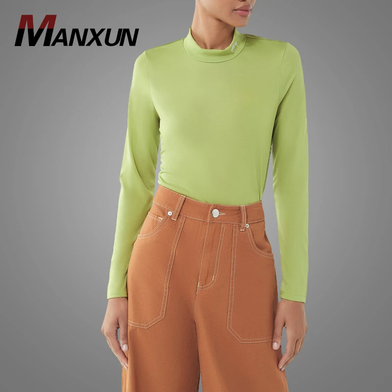 Custom Light Green Turtleneck Long Sleeve Tee Shirt 100% Cotton Women Plain T Shirts Top