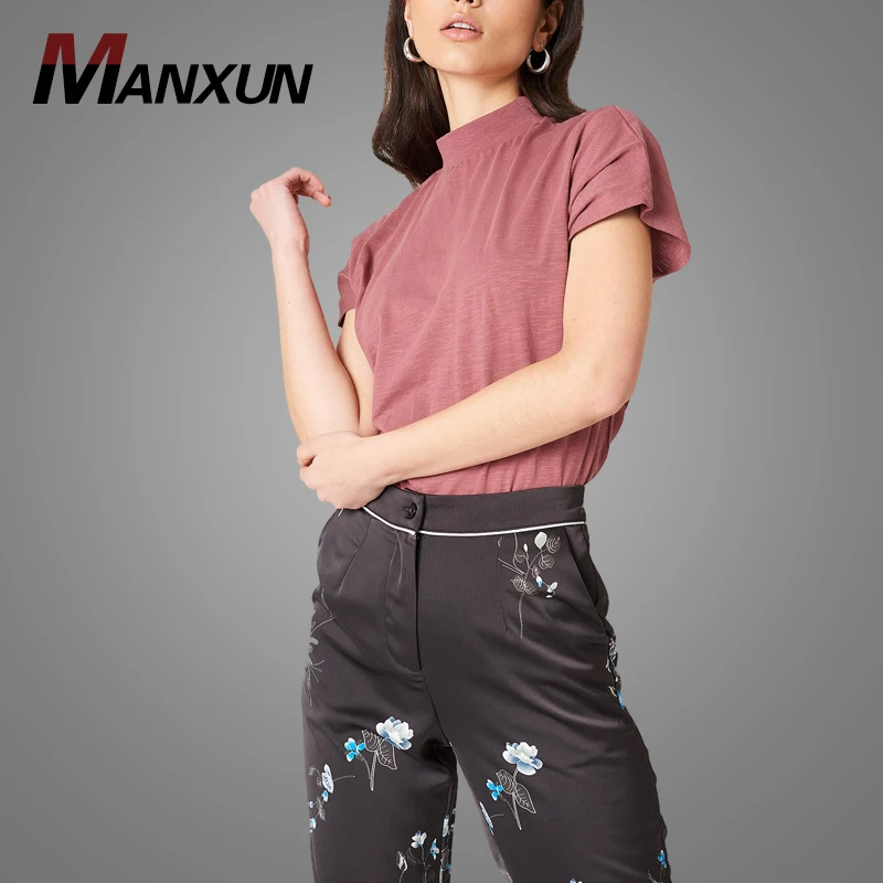 Custom Brand High Neck Women Cap Short Sleeve T-Shirt 100 Cotton Solid Color Plain Pink T Shirt