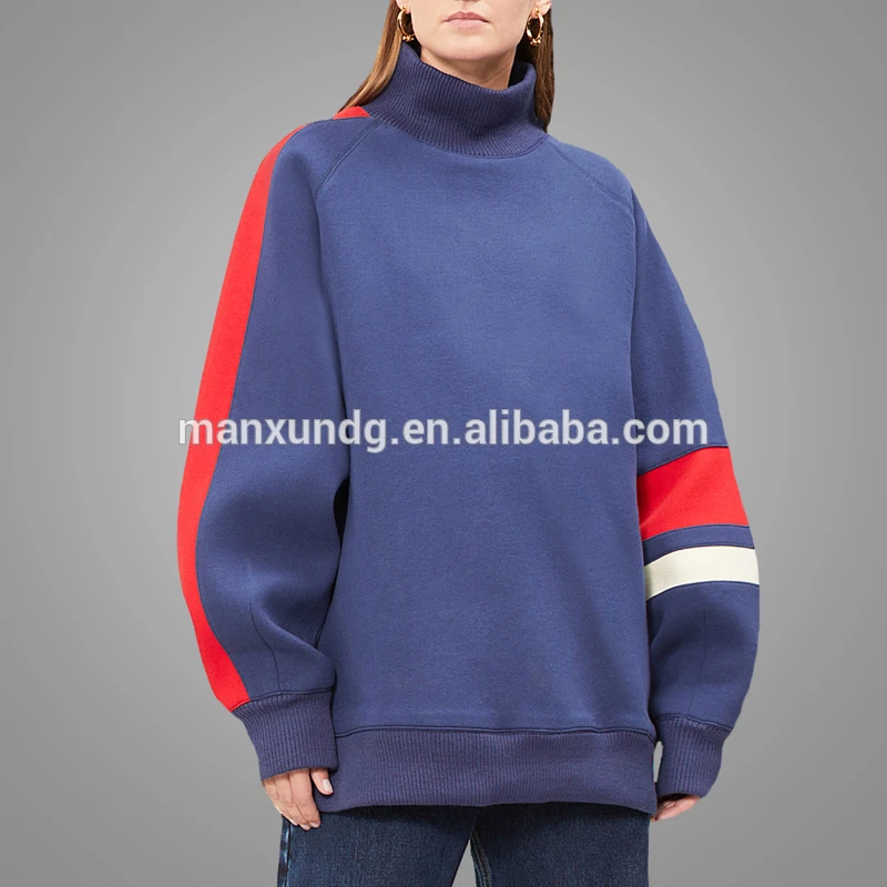 Hot Selling Fashionable Women Custom Striped Sleeve Drop Shoulder Pullover Hoodies Wholesale High Neck Sports Hoody  Sweatshirt