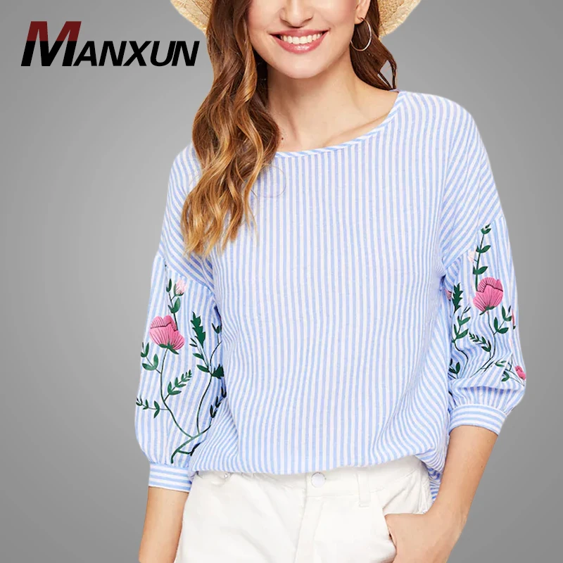 New Latest Flower Print Lantern Sleeve Striped Top Custom Casual Women Blouse Summer Tops