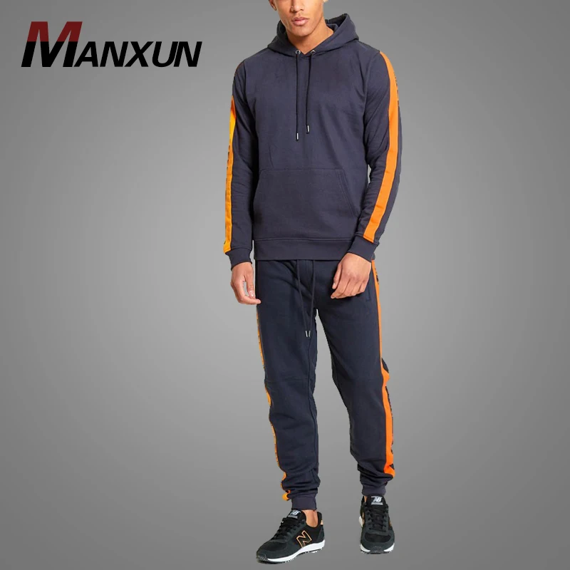 High Quality Orange Panel Navy Tracksuit French Terry Hoodie Top Sport Suit Slim Fit Tracksuit 2018