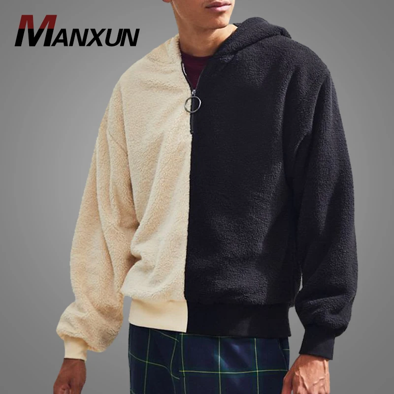 customized Winter Factory Price Mens Polyester Faux Fur Hoodies Sweatshirt Custom Half Zip Two - Tone Sherpa Hoodies