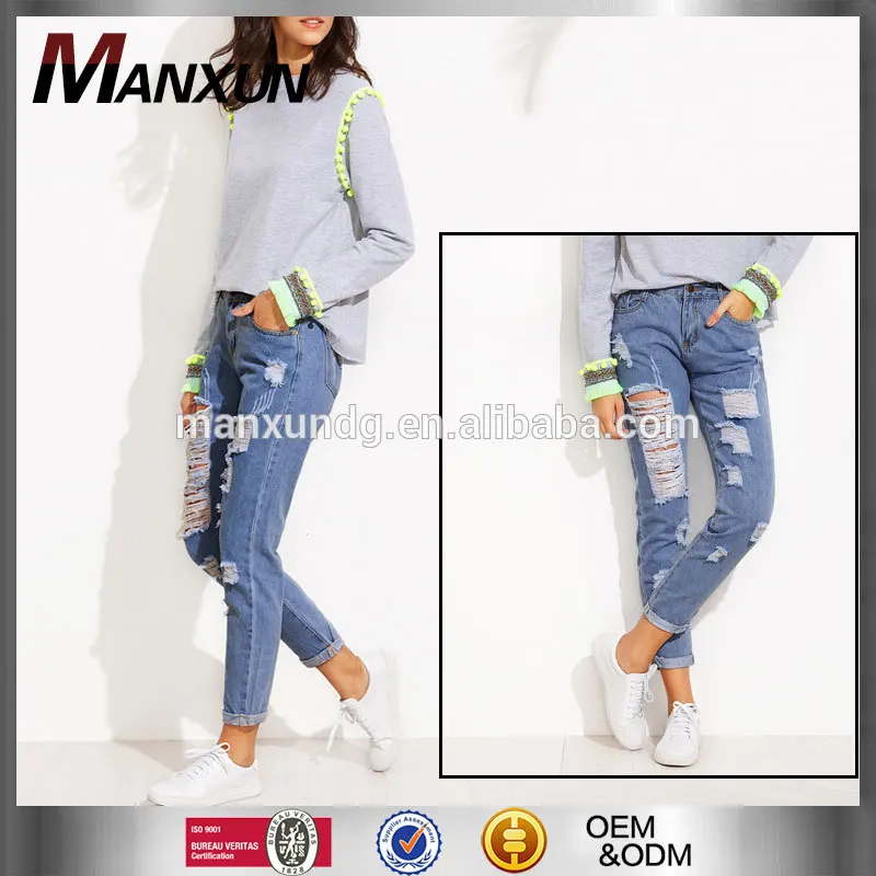 2017 High Quality Casual Designs Ladies Washing Denim Trousers Roll Hem Distressed Washing Jeans