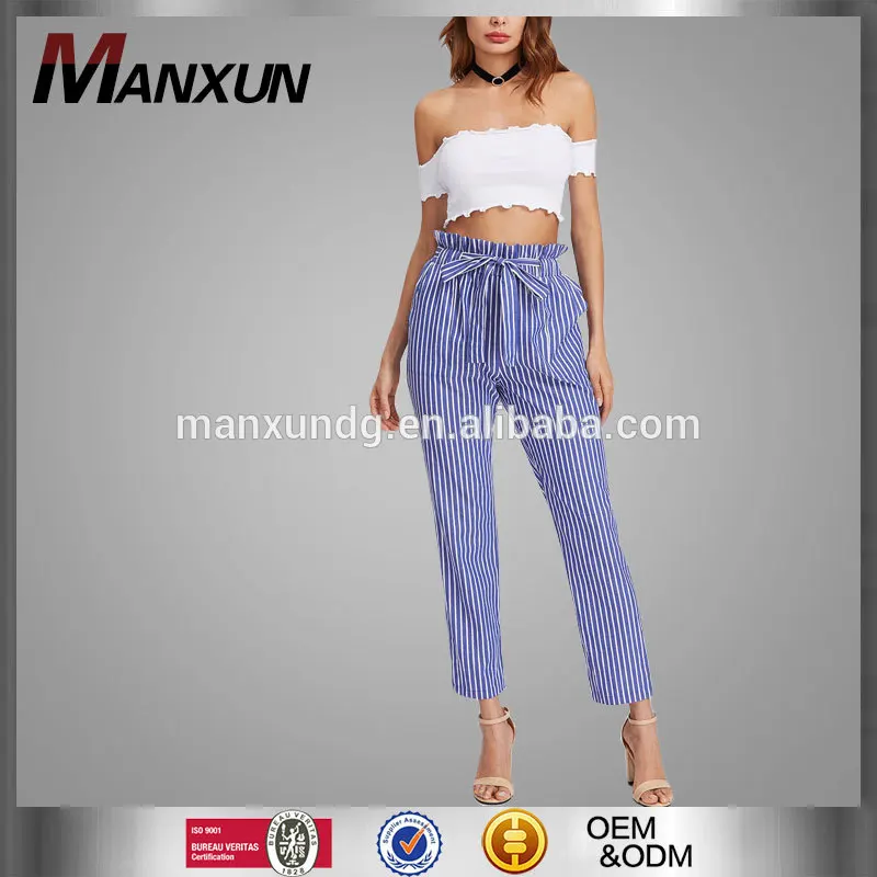 High Quality Custom Made Women Casual Pencil Trousers Suit Pants High Waist Hand Tie Frill Waist Pin Stripe Pencil Suit Pants