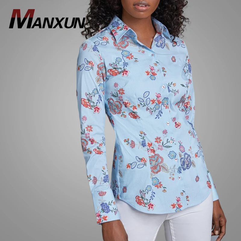 Top Design Light Blue Embroidered Flower Women Long Sleeve Stripe Blouse Shirt for Women