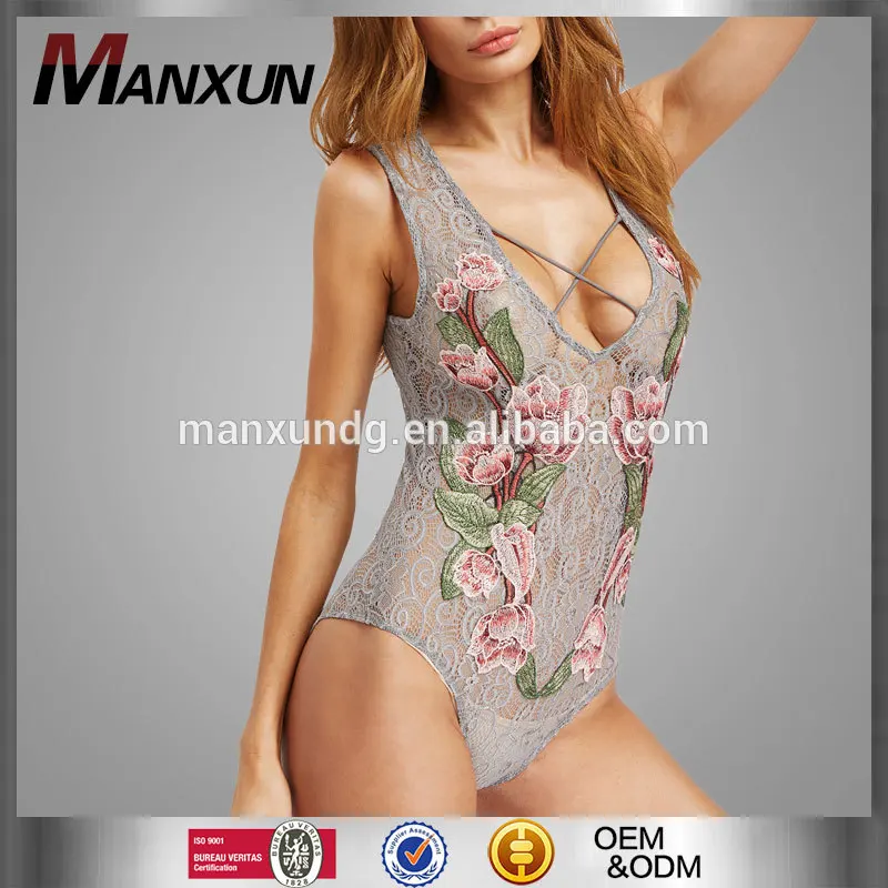 Wholesale Sexy Lace Women Sleeveless Shapewear Slimming Bodysuit Grey Crisscross Appliques Lace Bodysuit