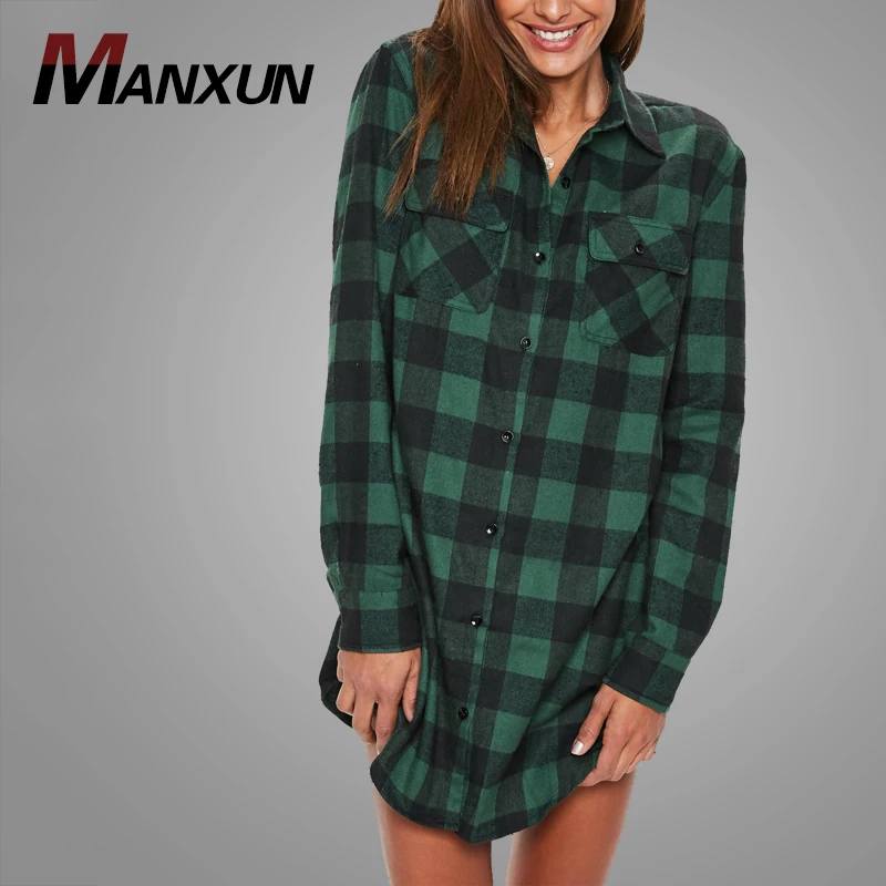 Latest Design Green Checked Long Sleeve Shirt Dress Oversized Women Shirts 2018