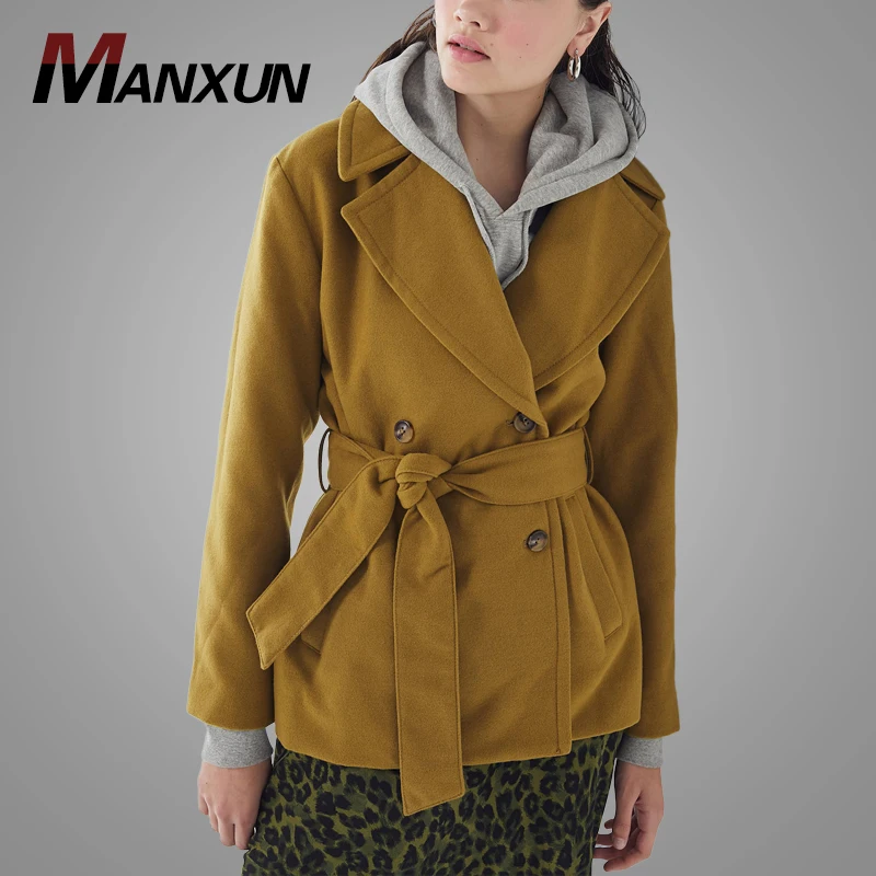 2018 Hot Sale Khaki V-neck Warm Winter Female Wool Coat Fashion Women Woolen Overcoat with Belt