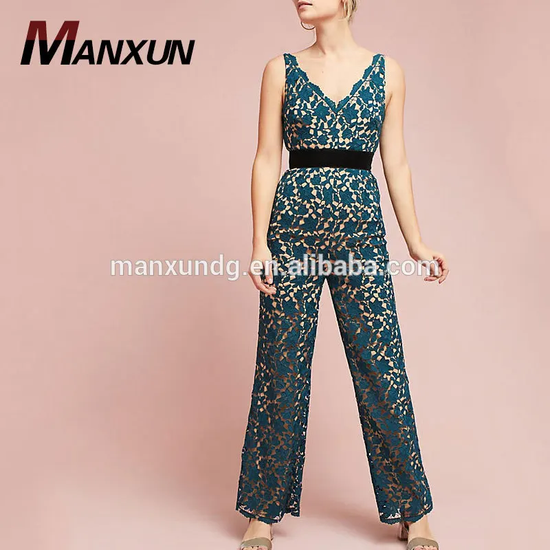 Sexy Adult Clothing Women Newest Darker Green V-neck Sexy Lace Breathable Women Long Office Lady Jumpsuits Lace V-Neck Jumpsuit