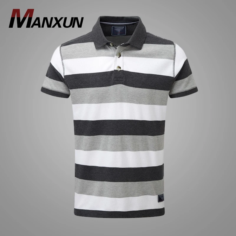100% Cotton Black Gray and White Color Block Strip Mens Polo T-shirt Customized Logo